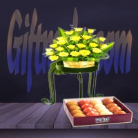 Yellow Rose Basket With Mithai Sweet Combo